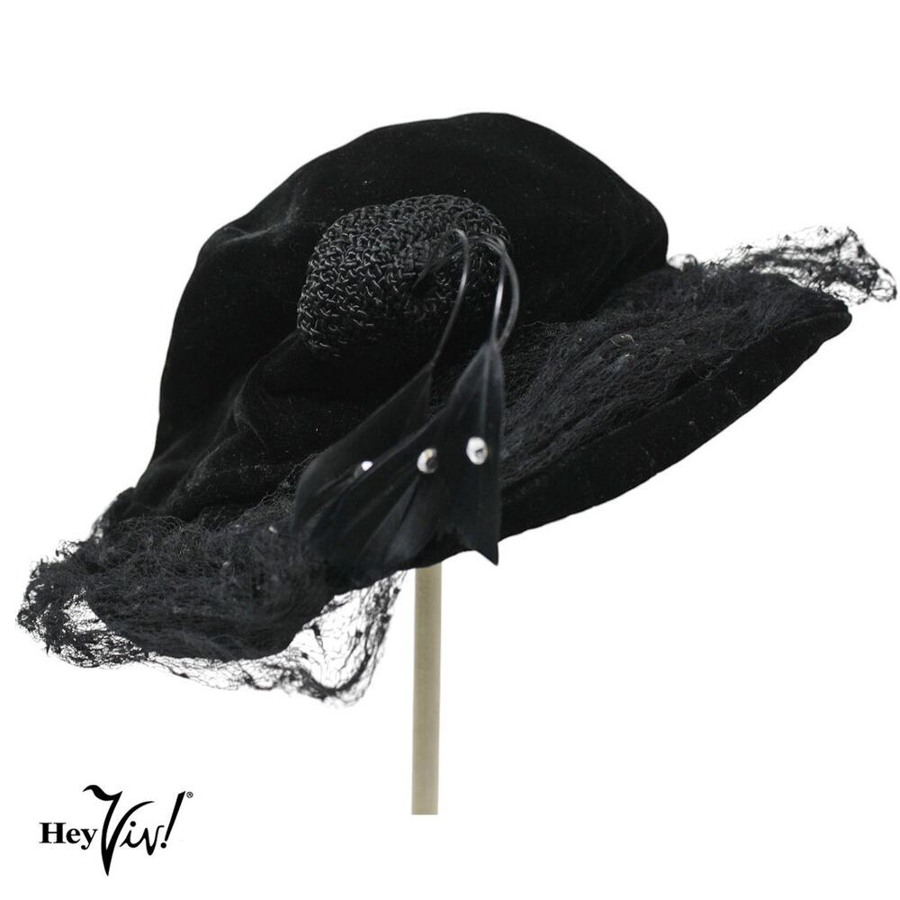 Vintage 1930s Black Velvet Hat Braid Trim and Feathers with Rhinestones -Hey Viv